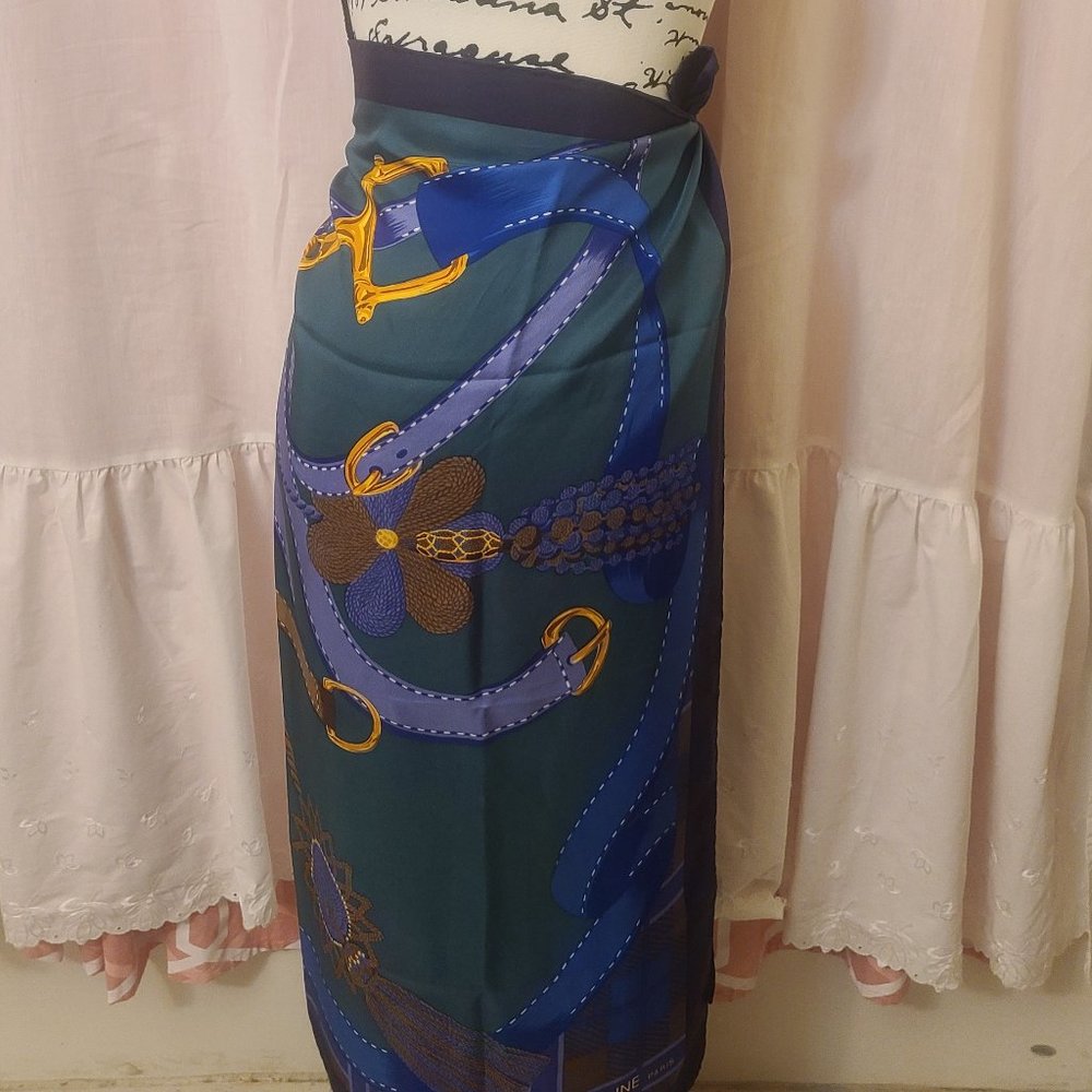 Celine Navy Blue Brown Gold Printed Silk Scarf - Picture 10 of 13